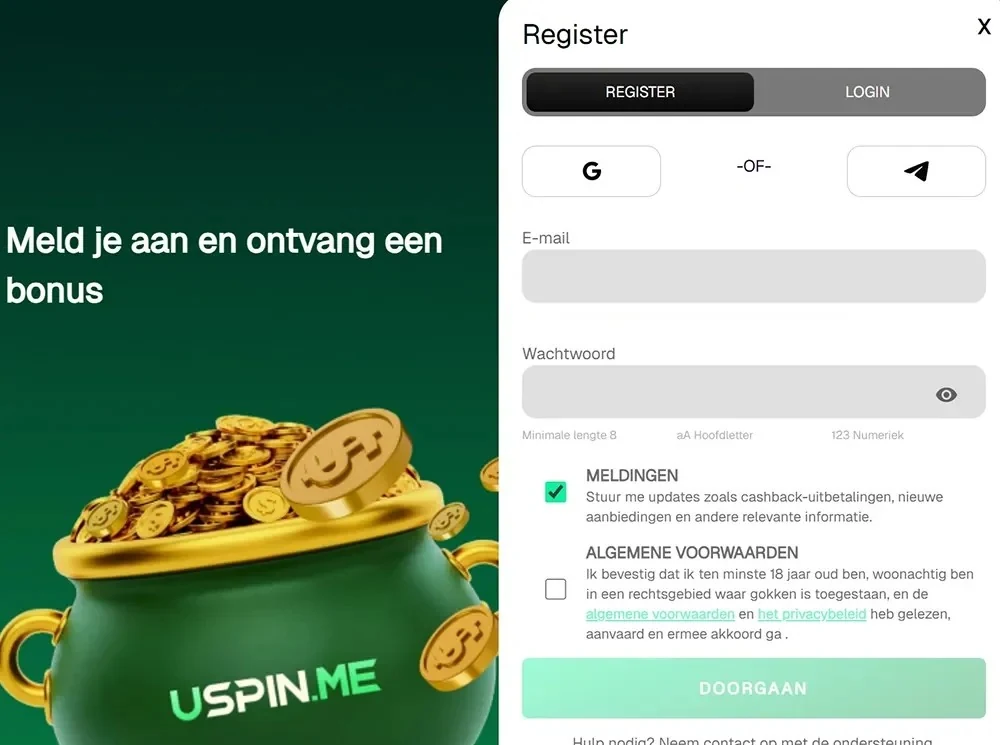 USpin casino inloggen: aanmeldvenster met login en registratie