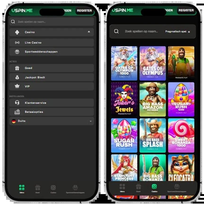 USpin casino mobiel: menu en spellen op de smartphone
